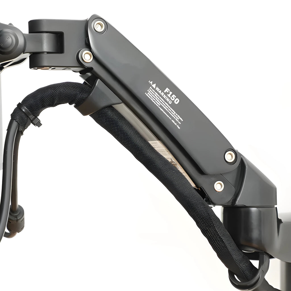 Black wall-mounted adjustable computer monitor stand with telescopic arm and rotating screen bracket.