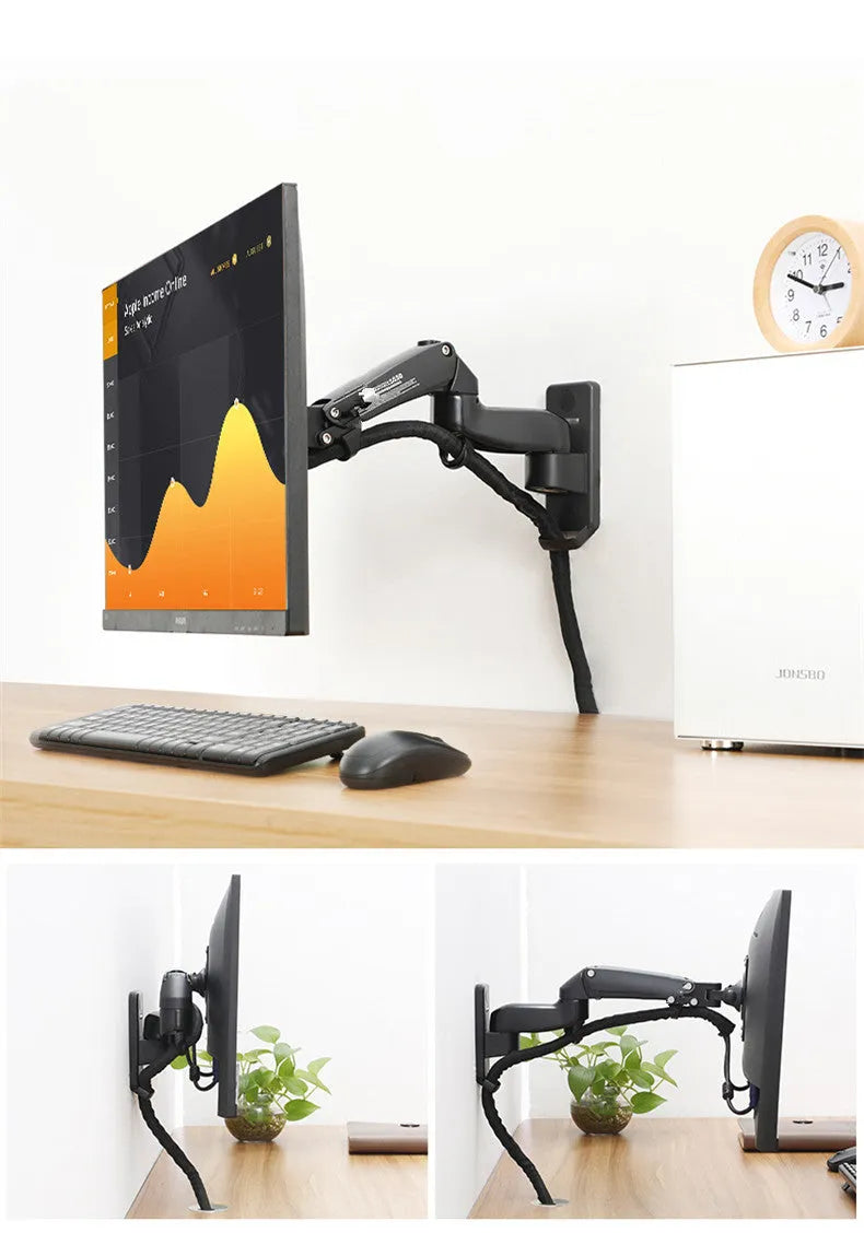 Black wall-mounted adjustable computer monitor stand with telescopic arm and rotating screen bracket.