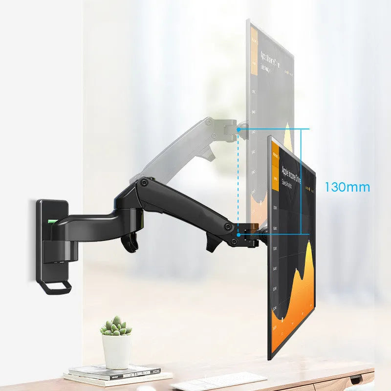 Black wall-mounted adjustable computer monitor stand with telescopic arm and rotating screen bracket.