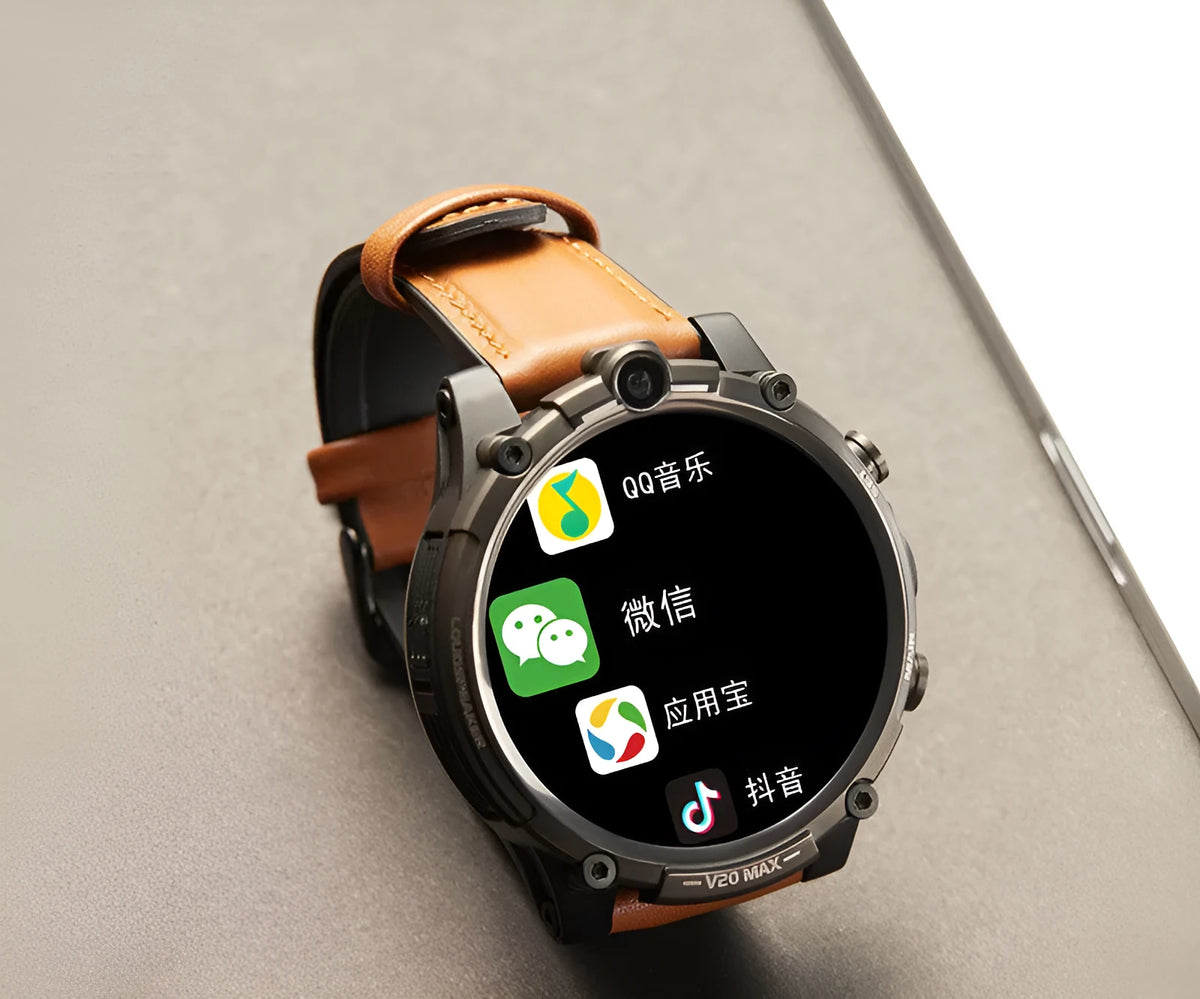 Black 4G smartwatch with a 1.6-inch screen, dual camera, and wrist strap displayed on a wrist.