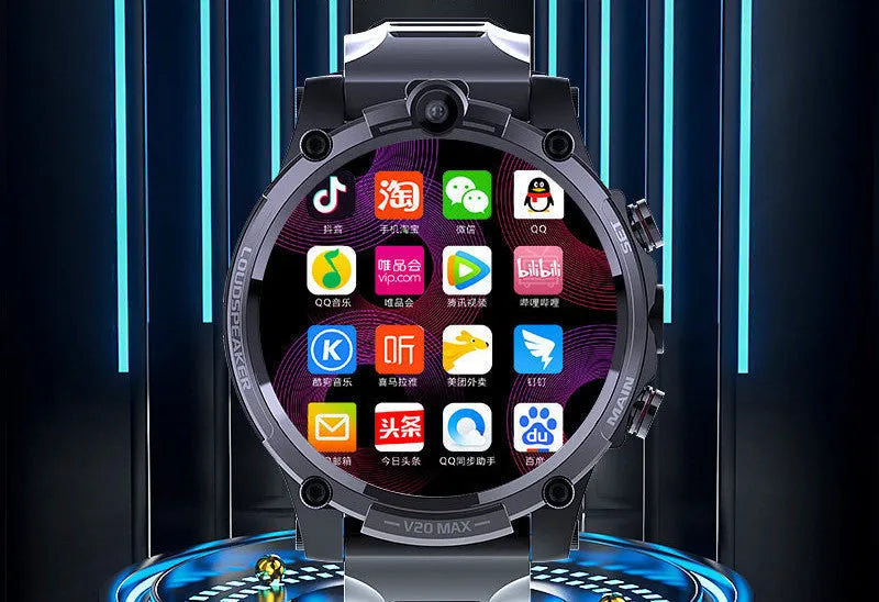 Black 4G smartwatch with a 1.6-inch screen, dual camera, and wrist strap displayed on a wrist.