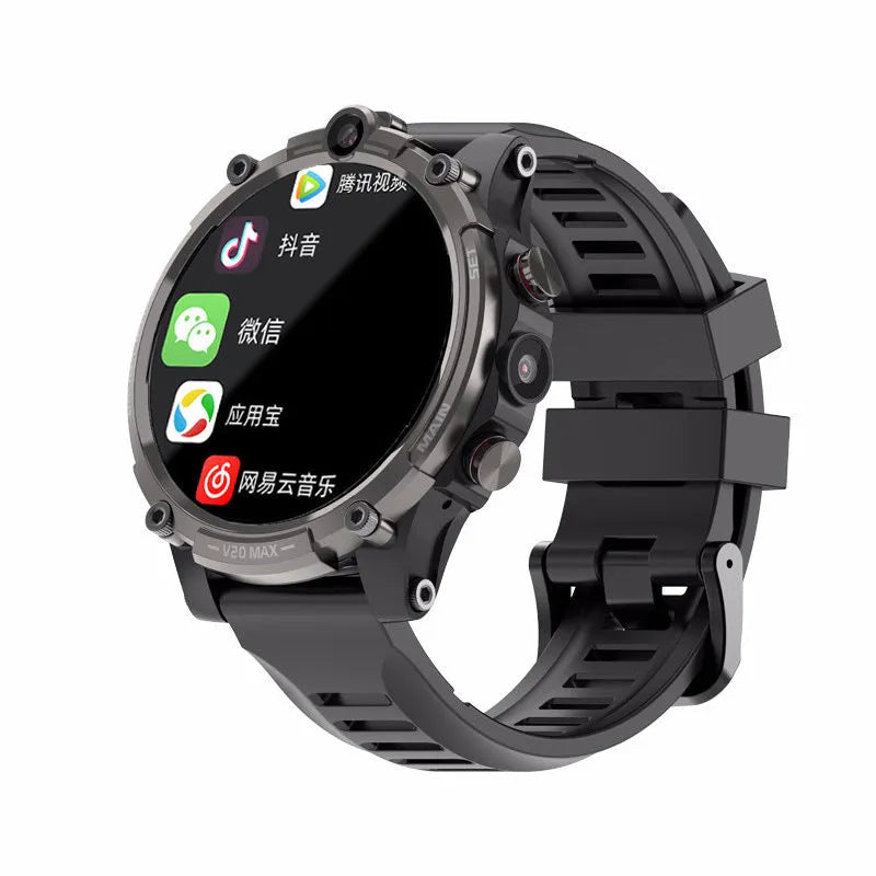 Black 4G smartwatch with a 1.6-inch screen, dual camera, and wrist strap displayed on a wrist.