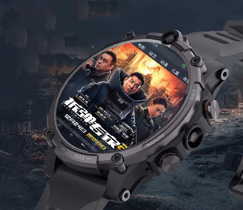 Black 4G smartwatch with a 1.6-inch screen, dual camera, and wrist strap displayed on a wrist.