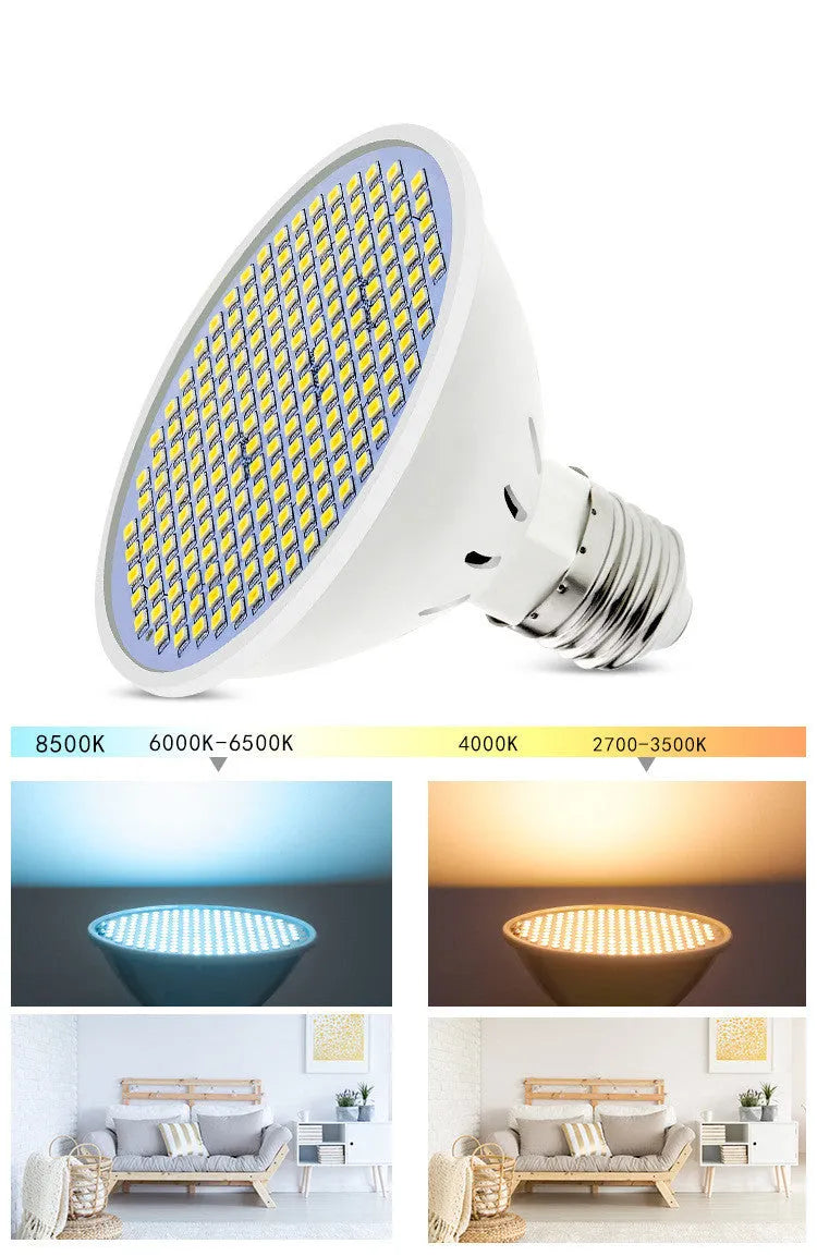 E27 screw base LED lamp cup bulb showing warm white and cool white light colour options.