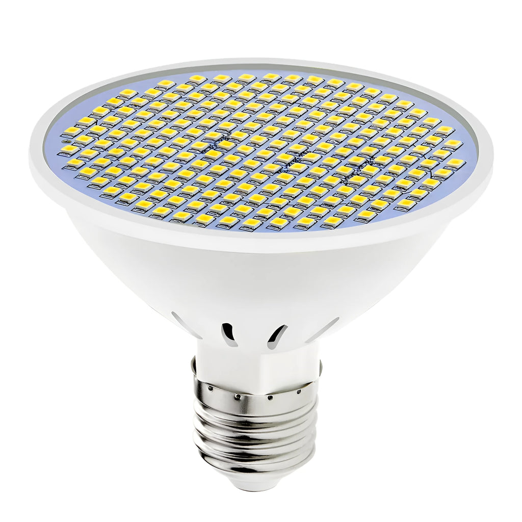 E27 screw base LED lamp cup bulb showing warm white and cool white light colour options.
