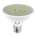 E27 screw base LED lamp cup bulb showing warm white and cool white light colour options.