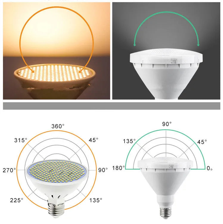 E27 screw base LED lamp cup bulb showing warm white and cool white light colour options.