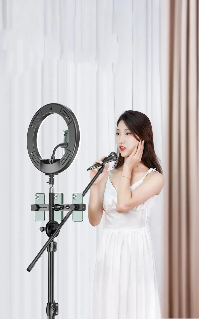 iPhone-compatible mobile phone live tripod with carbon steel bracket shown at different heights