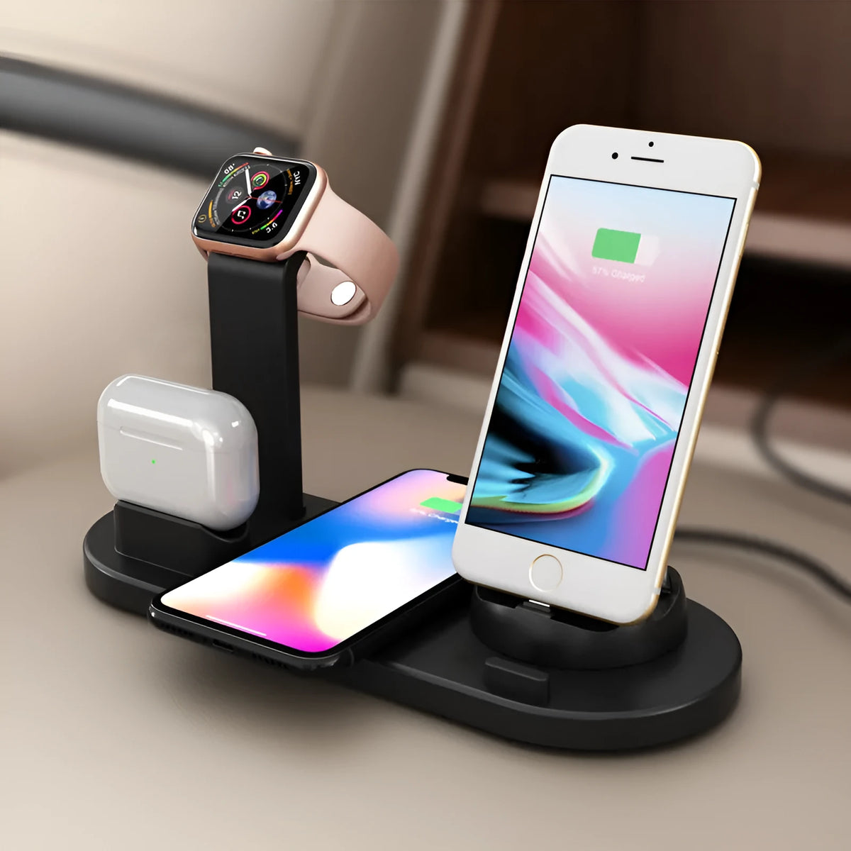Three-in-one wireless charging bracket showing watch, headset and phone charging areas