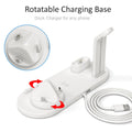 Three-in-one wireless charging bracket showing watch, headset and phone charging areas