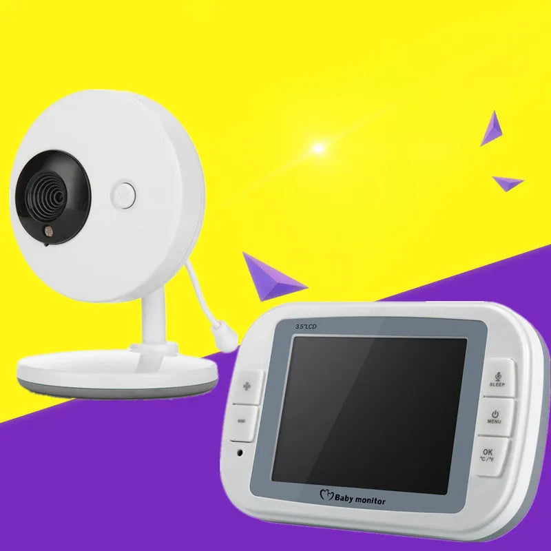 White 3.5 inch digital wireless baby monitor and UFO-style indoor camera on a table.
