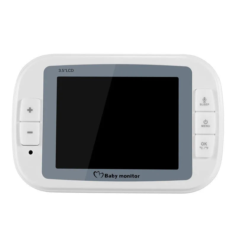 White 3.5 inch digital wireless baby monitor and UFO-style indoor camera on a table.