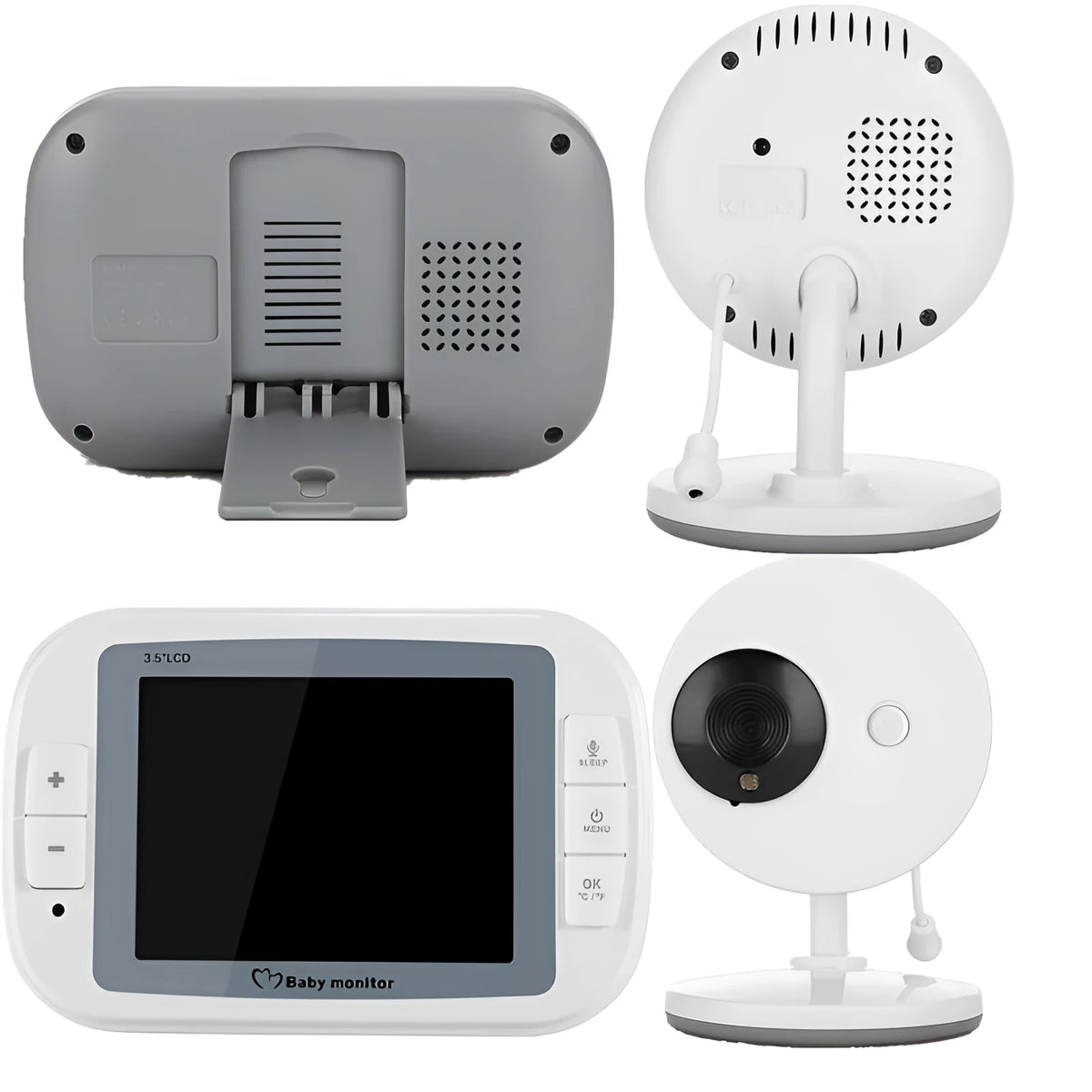 White 3.5 inch digital wireless baby monitor and UFO-style indoor camera on a table.
