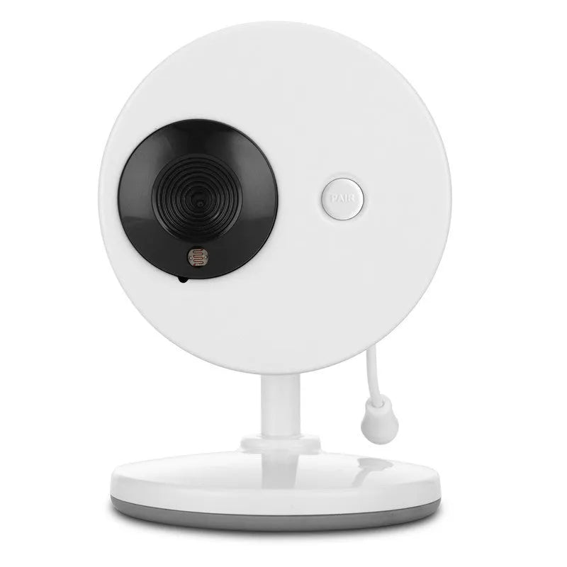 White 3.5 inch digital wireless baby monitor and UFO-style indoor camera on a table.