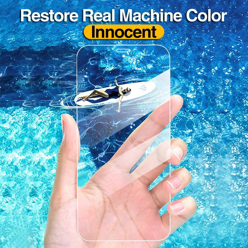 Four transparent tempered glass screen protectors for Apple iPhone models with full coverage design