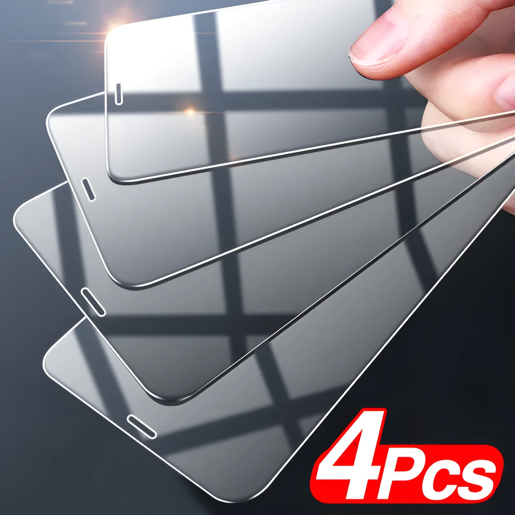 Four transparent tempered glass screen protectors for Apple iPhone models with full coverage design