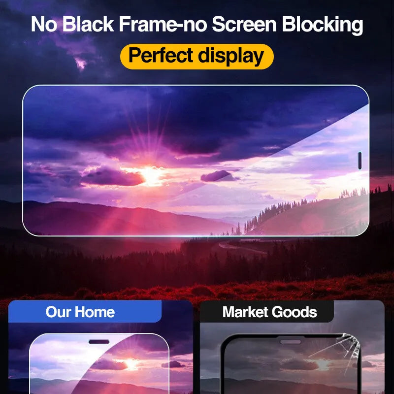 Four transparent tempered glass screen protectors for Apple iPhone models with full coverage design