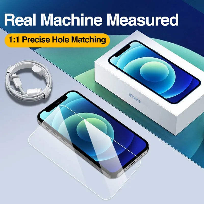 Four transparent tempered glass screen protectors for Apple iPhone models with full coverage design