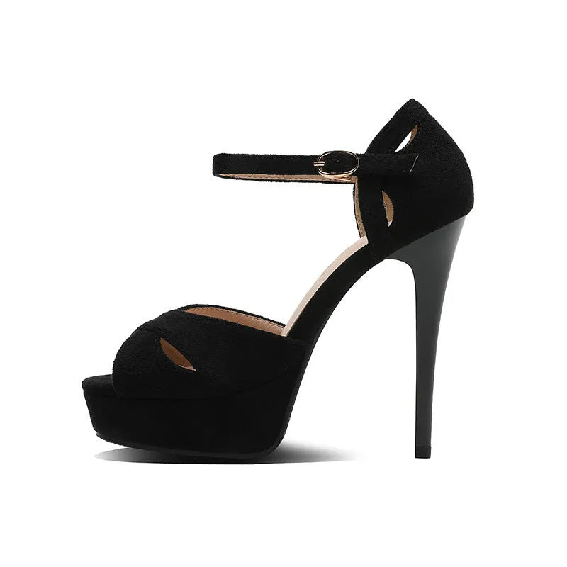 Black women's stiletto heel platform sandals with fish mouth toe and waterproof suede upper.