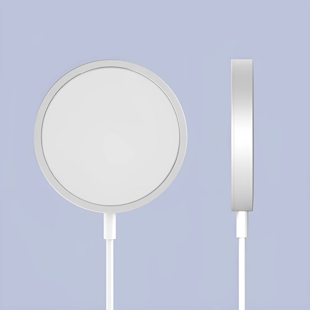 Silver metal Magsafe-compatible magnetic wireless charger for iPhone 12 and 13 series.