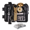 13-piece black stainless steel outdoor survival tool set in shockproof case with compass, flashlight, wire saw and emergency blanket
