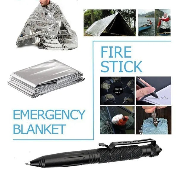 13-piece black stainless steel outdoor survival tool set in shockproof case with compass, flashlight, wire saw and emergency blanket