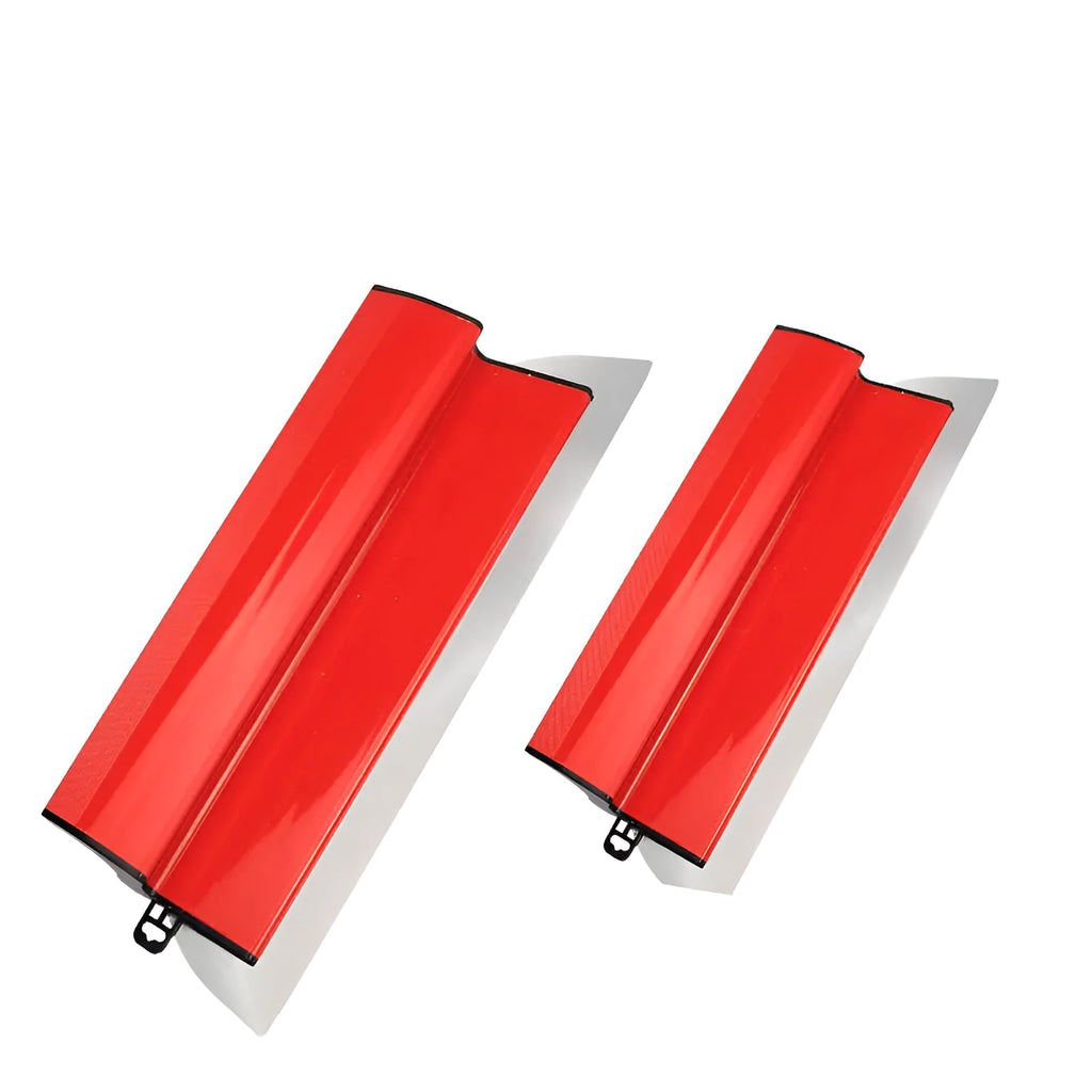 Red 40cm long levelling scraper tool for wall putty and wallpaper paste application.