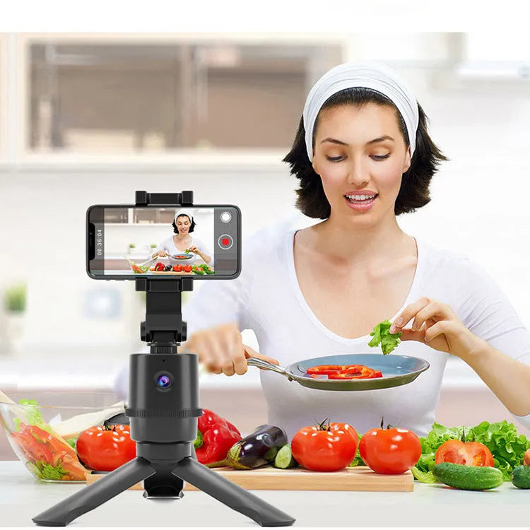 360-degree intelligent AI tracking pan tilt phone camera mount bracket for a smartphone on a selfie pole.