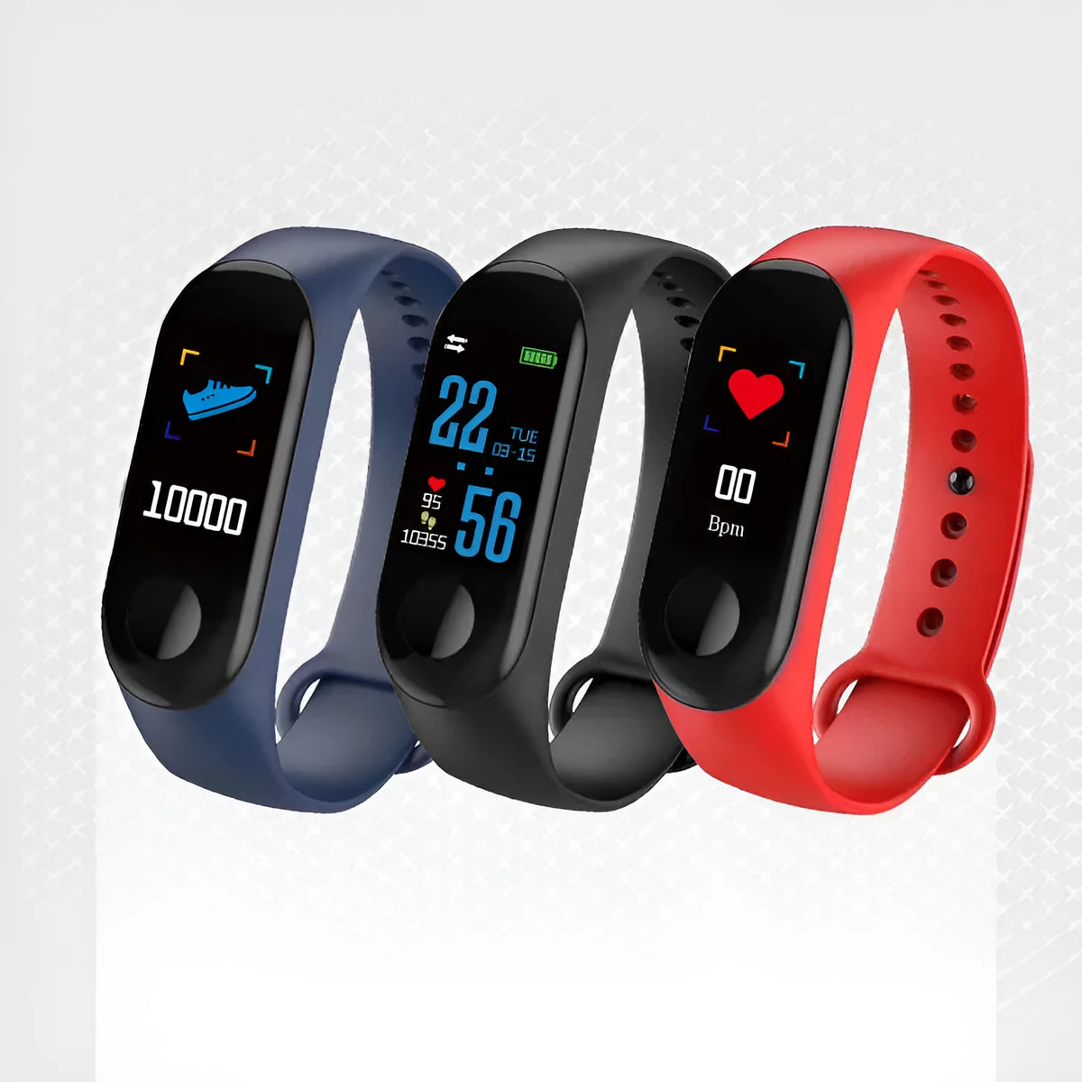 M3 Smart Bracelet with colour screen showing heart rate data on a black TPE wrist strap.