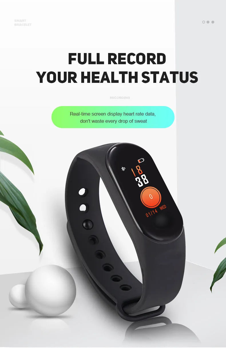 M3 Smart Bracelet with colour screen showing heart rate data on a black TPE wrist strap.