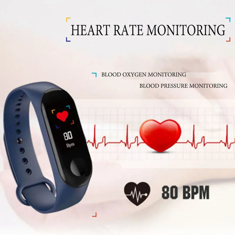 M3 Smart Bracelet with colour screen showing heart rate data on a black TPE wrist strap.
