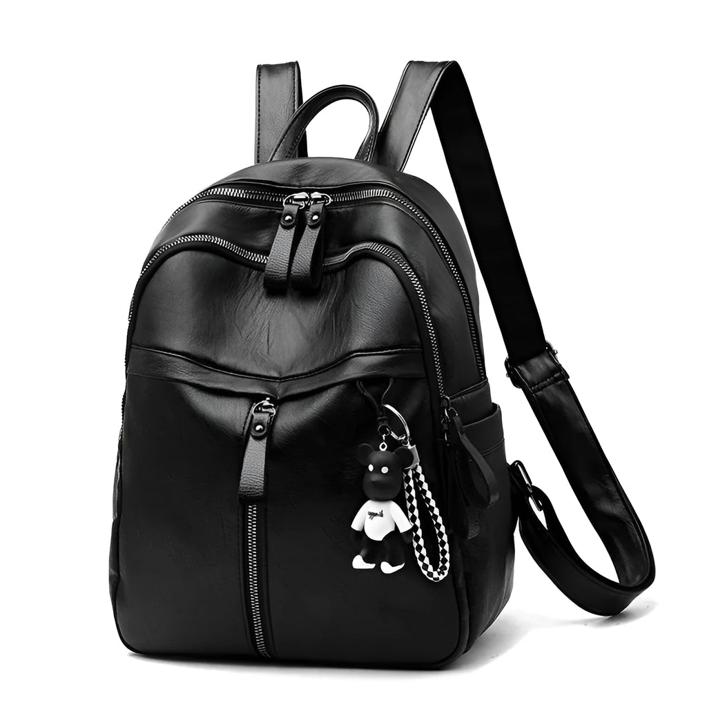 Black PU leather backpack with luggage straps showing ID compartment and zipper opening
