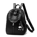 Black PU leather backpack with luggage straps showing ID compartment and zipper opening