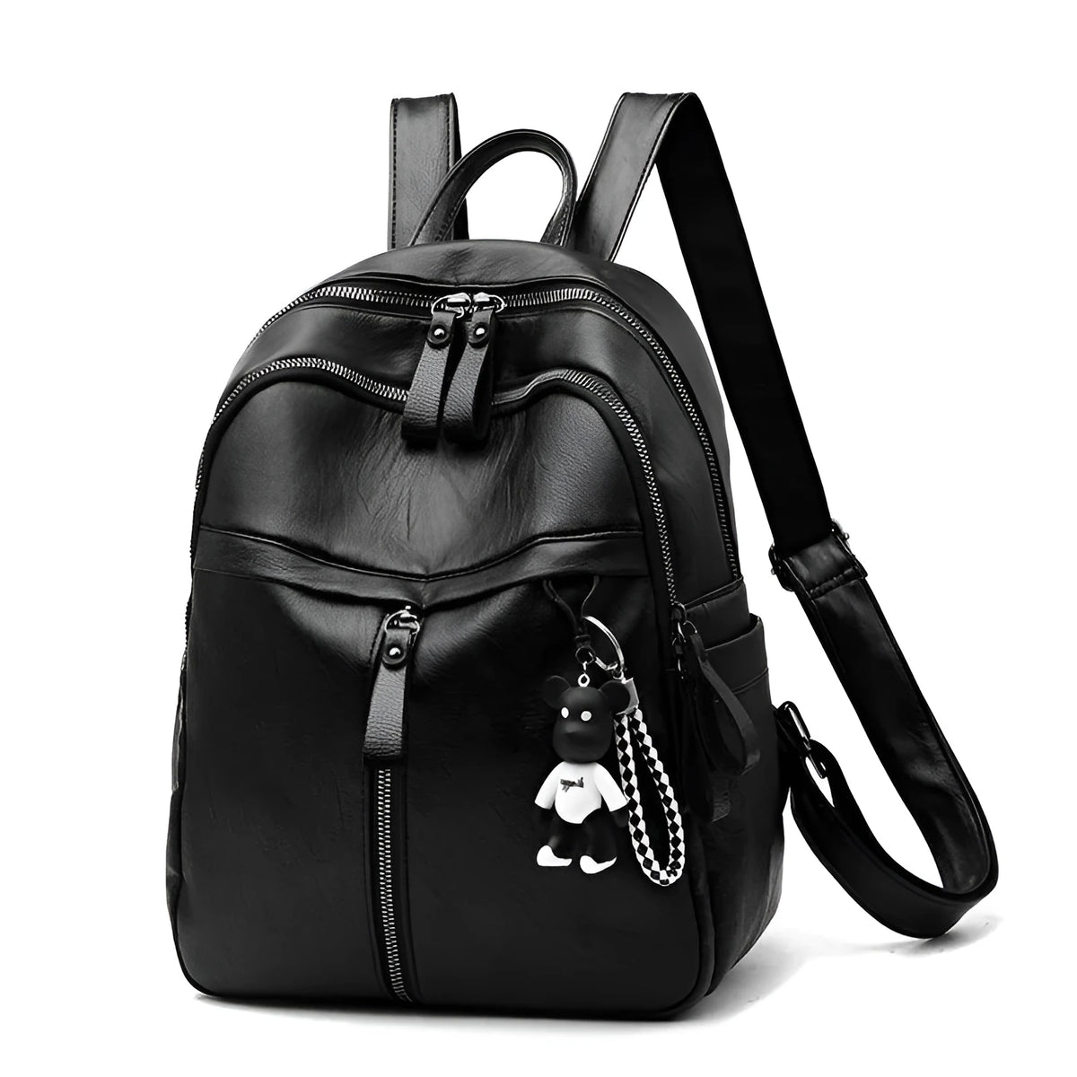 Black PU leather backpack with luggage straps showing ID compartment and zipper opening