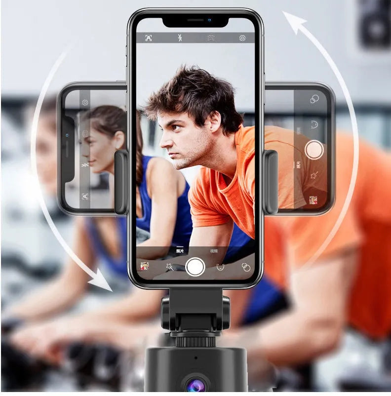 360-degree intelligent AI tracking pan tilt phone camera mount bracket for a smartphone on a selfie pole.