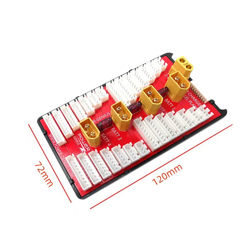 RC parallel charging board with red PCB, multiple T-plug connectors, balance ports, and silicone safety caps.