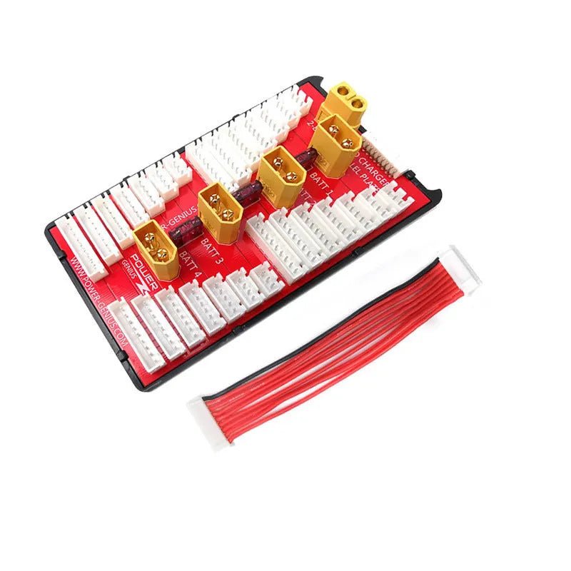 RC parallel charging board with red PCB, multiple T-plug connectors, balance ports, and silicone safety caps.