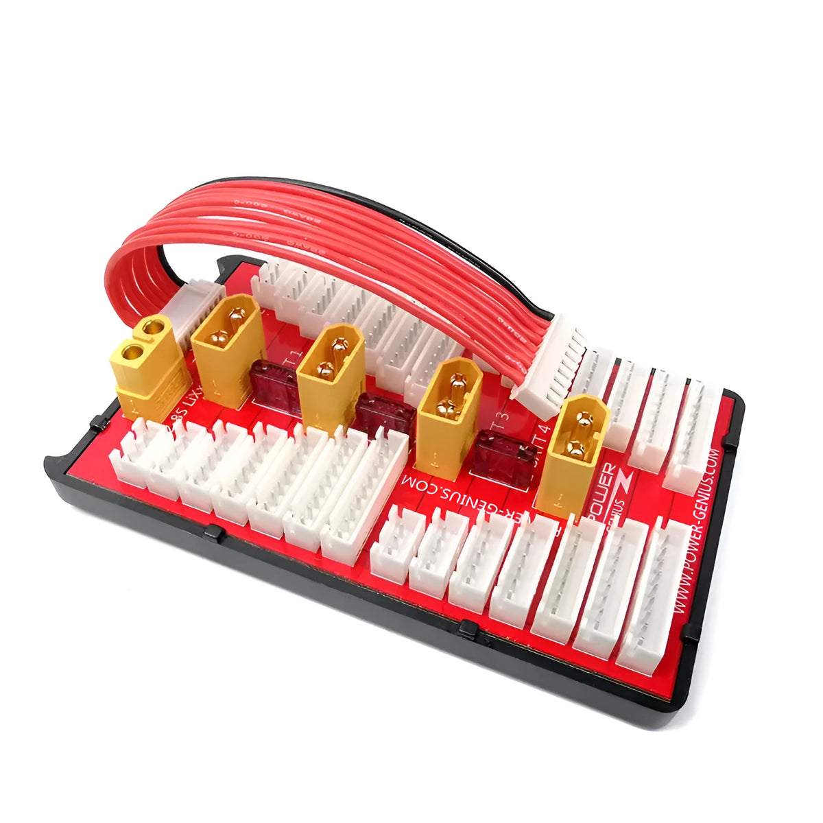 RC parallel charging board with red PCB, multiple T-plug connectors, balance ports, and silicone safety caps.