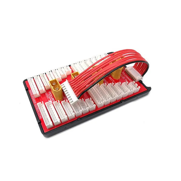 RC parallel charging board with red PCB, multiple T-plug connectors, balance ports, and silicone safety caps.