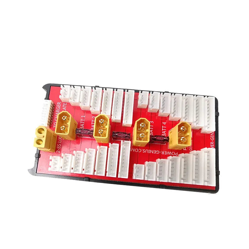 RC parallel charging board with red PCB, multiple T-plug connectors, balance ports, and silicone safety caps.