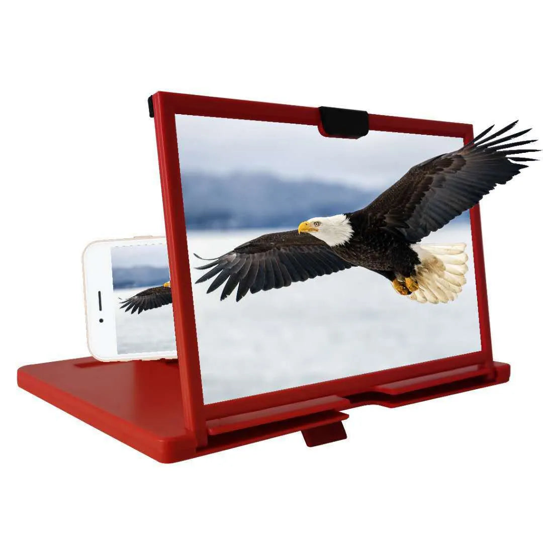 Red desktop mobile phone screen magnifier bracket holding a smartphone, showing an enlarged display on the 3D HD lens.