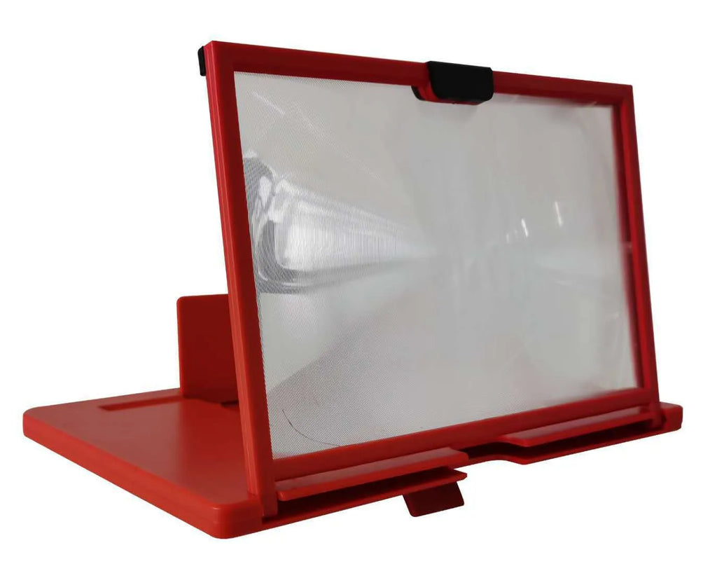 Red desktop mobile phone screen magnifier bracket holding a smartphone, showing an enlarged display on the 3D HD lens.