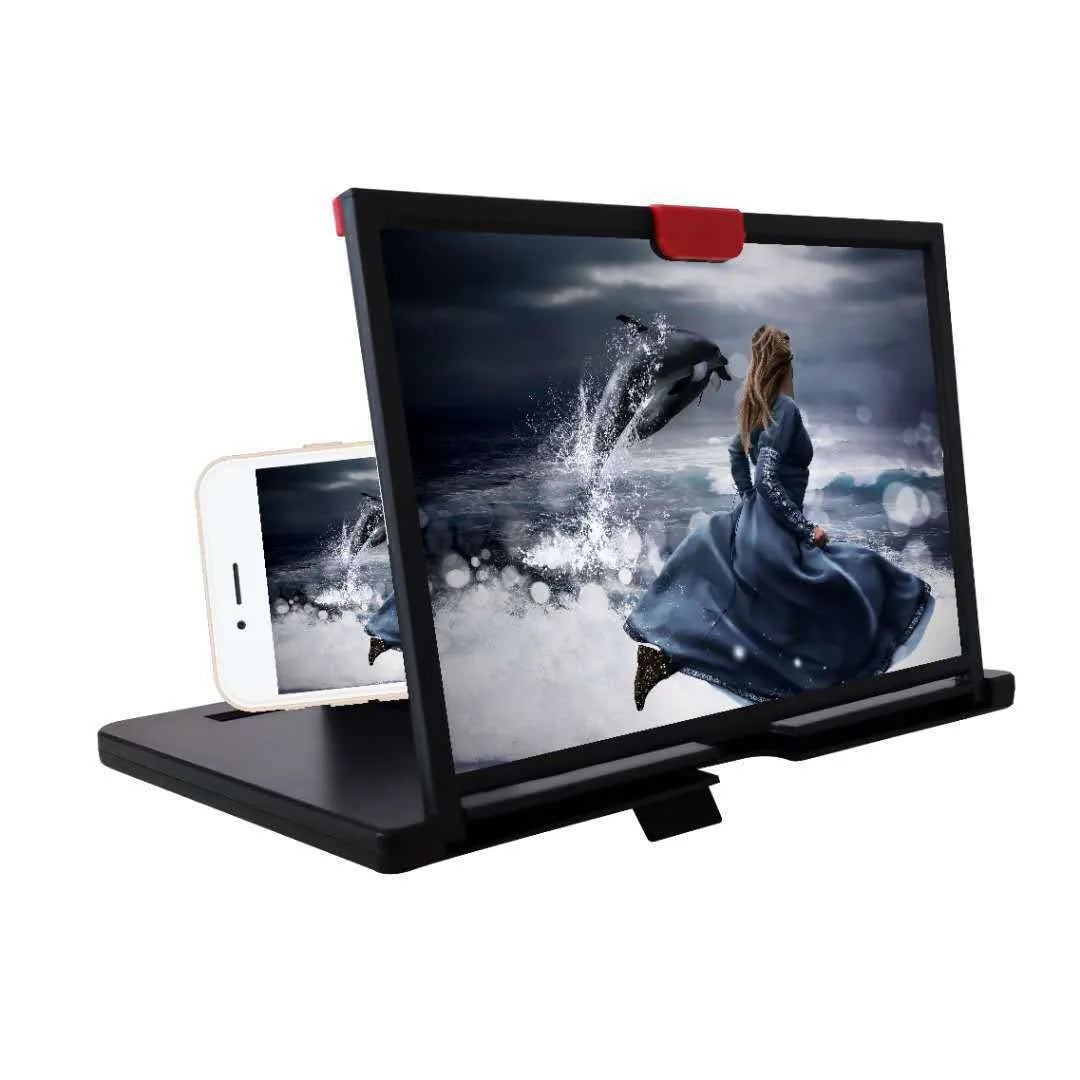 Red desktop mobile phone screen magnifier bracket holding a smartphone, showing an enlarged display on the 3D HD lens.