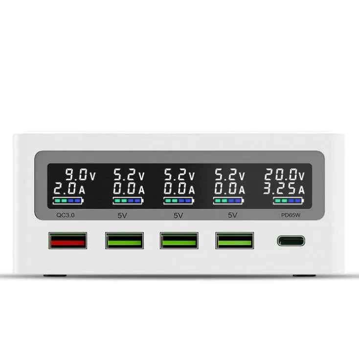 5-port USB wireless charger with QC3.0 fast charging and multiple regional plug attachments