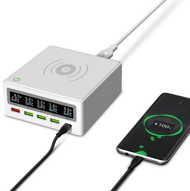 5-port USB wireless charger with QC3.0 fast charging and multiple regional plug attachments