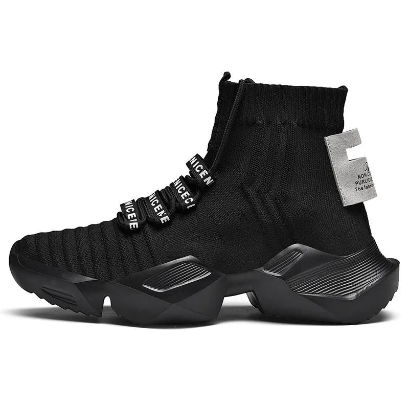 Men's black and white casual sports shoes with mesh lining, shown in larger sizes.
