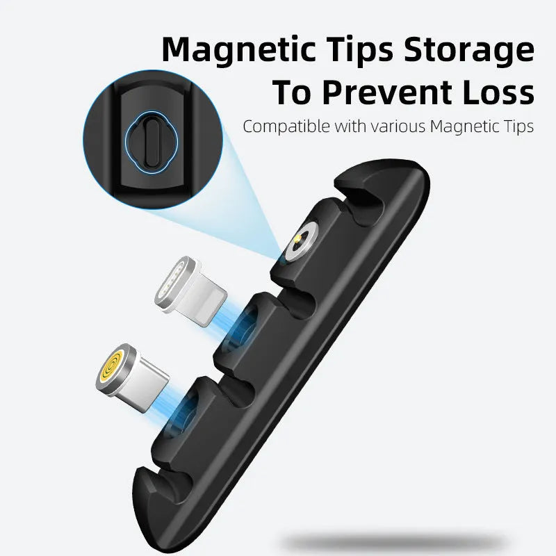 Black soft plastic desktop magnetic charging cable organiser on a desk
