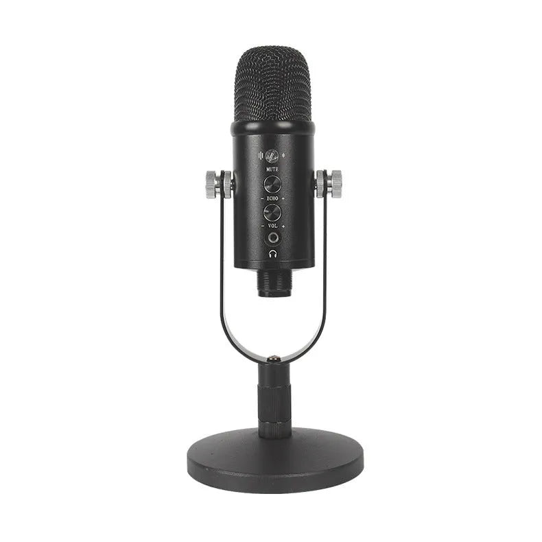 Black BM-86PRO USB condenser microphone with metal stand and sponge pop filter on a desk.