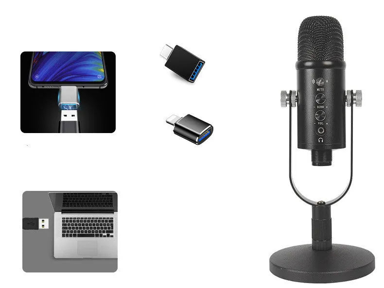 Black BM-86PRO USB condenser microphone with metal stand and sponge pop filter on a desk.
