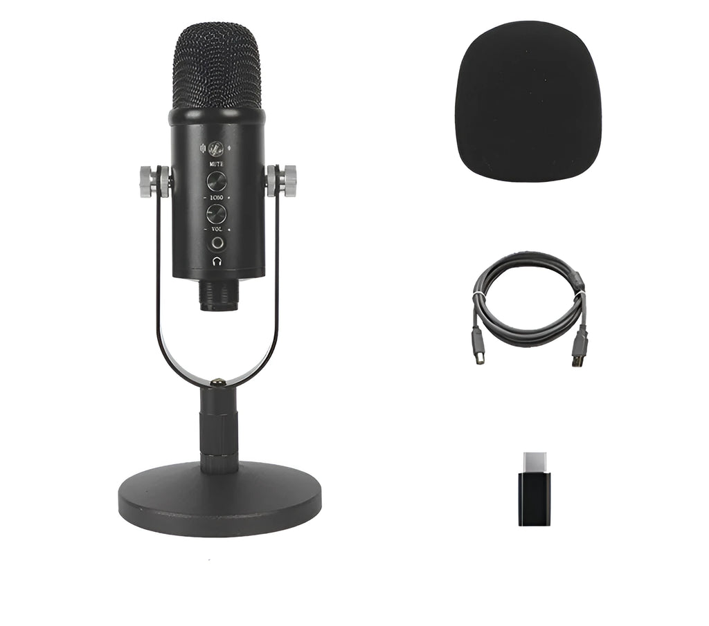 Black BM-86PRO USB condenser microphone with metal stand and sponge pop filter on a desk.